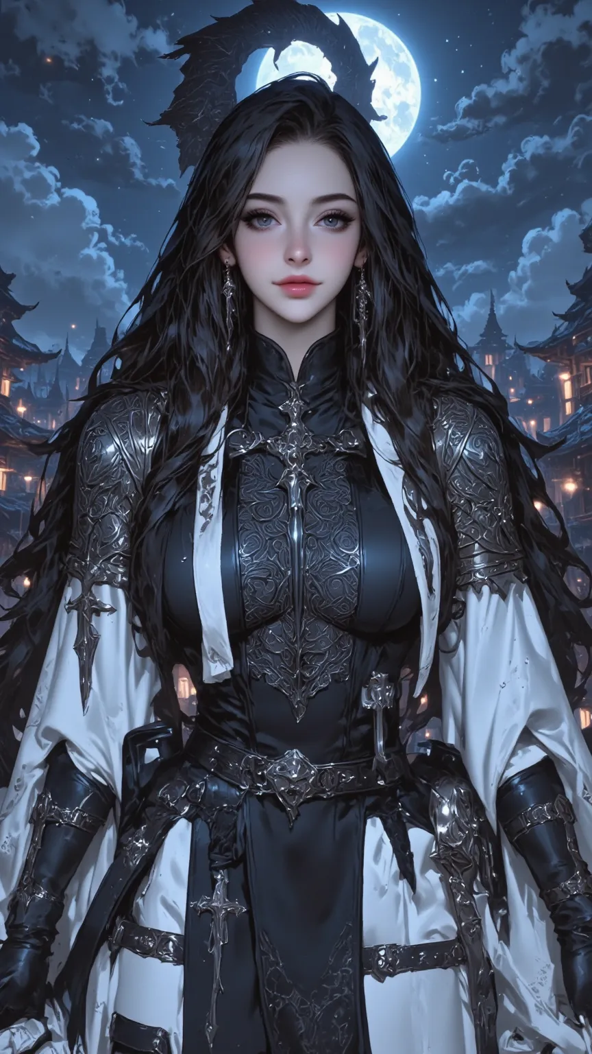 days，Phantom Blademaster（gender）， 4K anime-style quality ，digital painting mode，A mysterious female swordsman，Has long black hair and brown eyes，wears a smooth white and black battle dress，standing on the roof of a moonlit temple HDR，depth of field