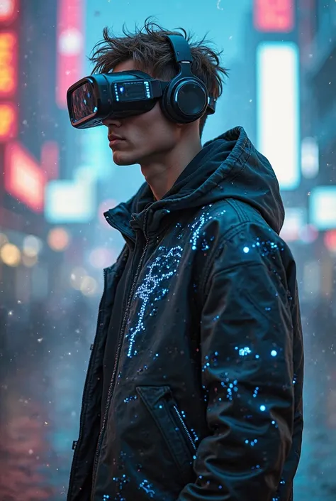 Un jeune homme de face ,  élancé et bien proportionné .,  une veste  électroniqueen cuire .,  vêtements avec des organes lumineux qui brillent avec un motif de circuit électronique.,  Des lunettes montrant une interface utilisateur sans cadre ,  casque de ...