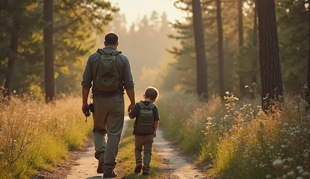 Camera Shot Type: Wide-angle shot with a reflective, narrative framing.
Character Details: A thoughtful, rugged man and his animated young son walk side by side. The man wears casual outdoor clothing that speaks to a lifetime of hard work and reflection, w...