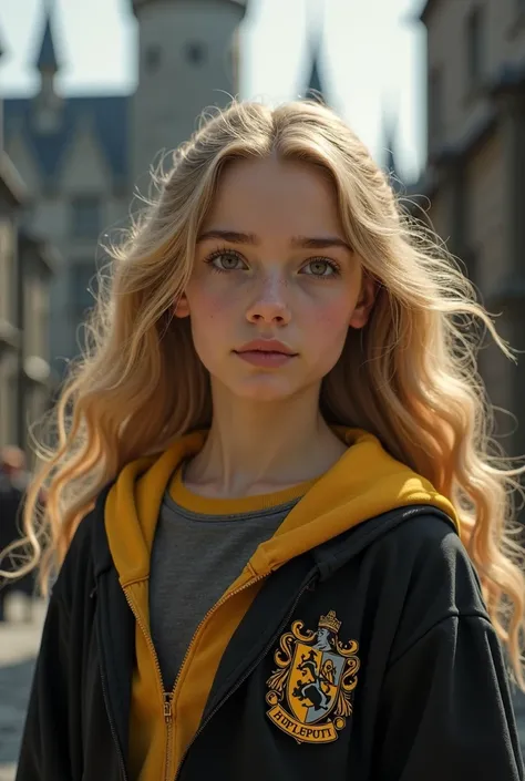 Blonde haired 18 year old girl in Hufflepuff uniform