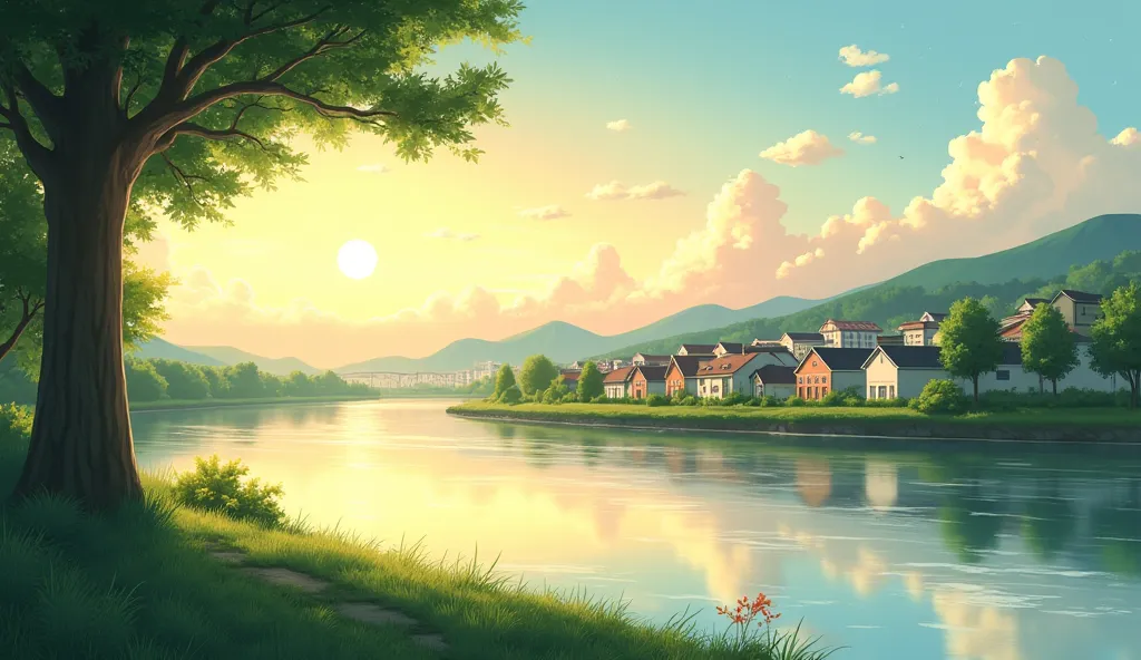 Semi-realistic anime-style panoramic view of a peaceful town in the afternoon, blending urban and natural elements. The foreground features a calm river reflecting the warm afternoon sky, with soft ripples on the surface. Along the riverbank, there’s a lus...