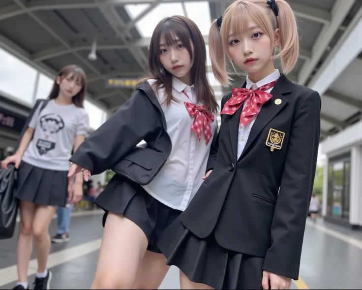 　 best image quality、score_9,  score_8_ up 、masterpiece、nsfw、(from below:1.5)、1 Japanese girl、Distant view、 sideways、female high school students、 school uniform、blazer、 shirt、miniskirt、 station platform
