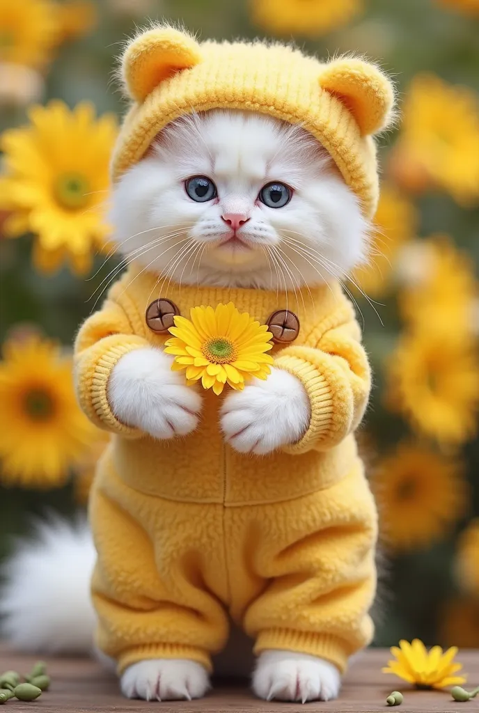 white fluffy cat wears yellow teddy fluffy overalls and has a yellow flower in its paws,and a fluffy teddy floral yellow beret,background yellow flowers