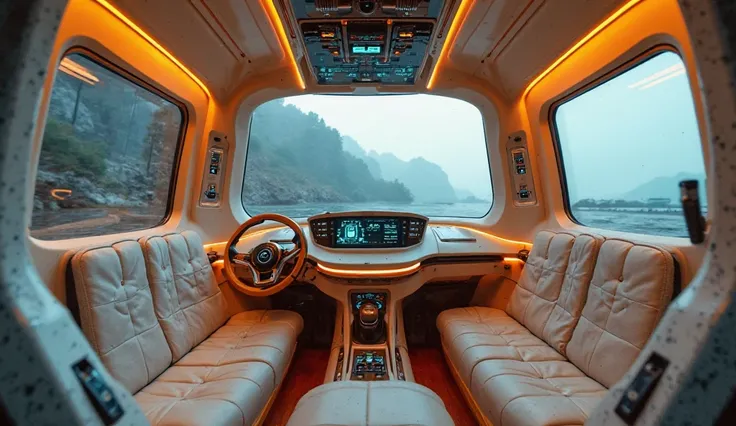 "A futuristic camper tricycle ,interior view 