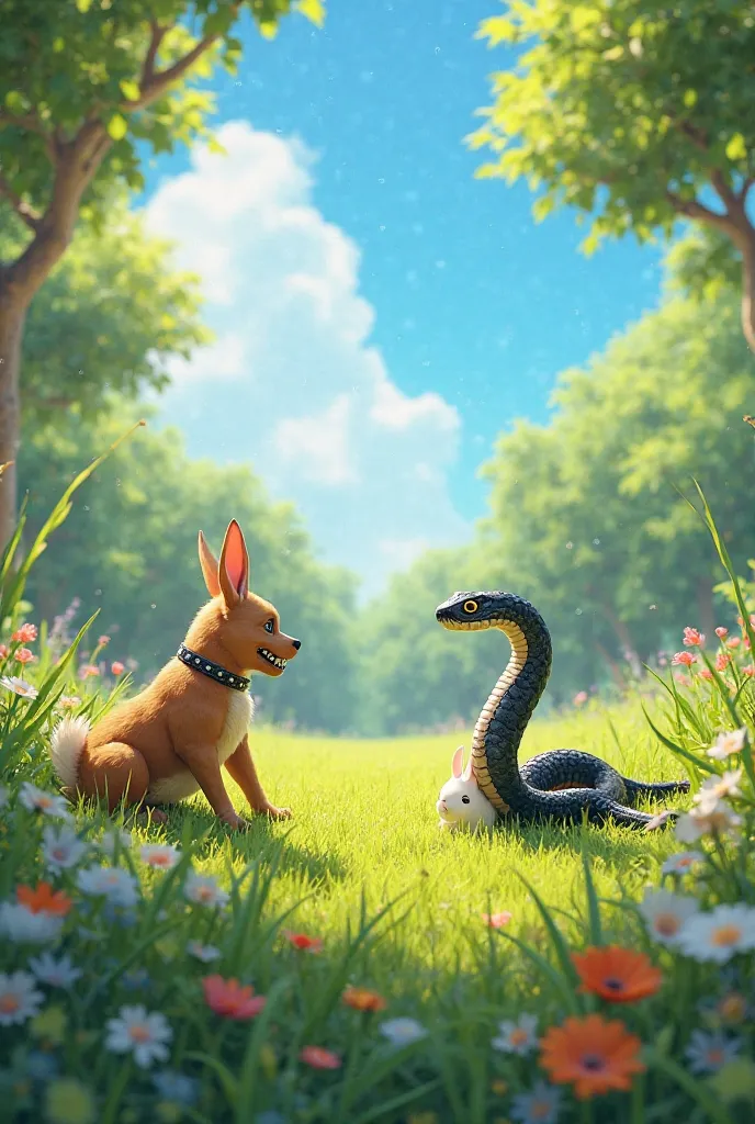 "A beautiful green meadow filled with fresh grass and colorful flowers under a bright blue sky. In the middle of the field, a white rabbit named 'Bunty' is sitting near a bush, its ears perked up as it watches a fierce battle between a strong brown dog and...