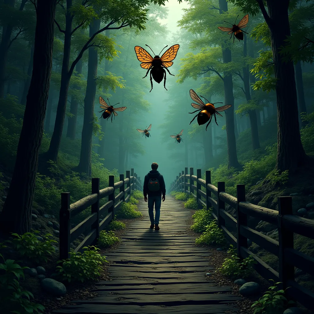 in a dense and dark forest, Giant and deadly bees flying around, with sinister buzzes echoing. They are on an old wooden bridge that is empty..
 " In comic book style

