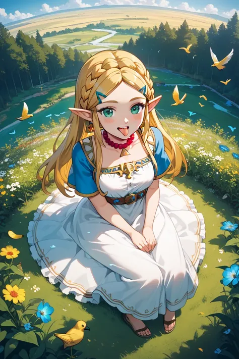 The young Princess Zelda、girl sitting、Fill up the face screen、Bird&#39;s-eye view、Overlook、open your mouth wide and lick a banana with your tongue、outraged expression、blush、 Sheer Sheer Dress