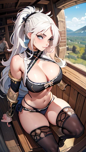 Beautiful young girl looking at camera, ((fisheye photo)), perfect detailed face, Conan the barbarian, blurry background, barbarian soldier sexy outfit, underwear detailed muscles realistic masterpiece gigantic breasts, hardnipples protruding, Ecchi, young...