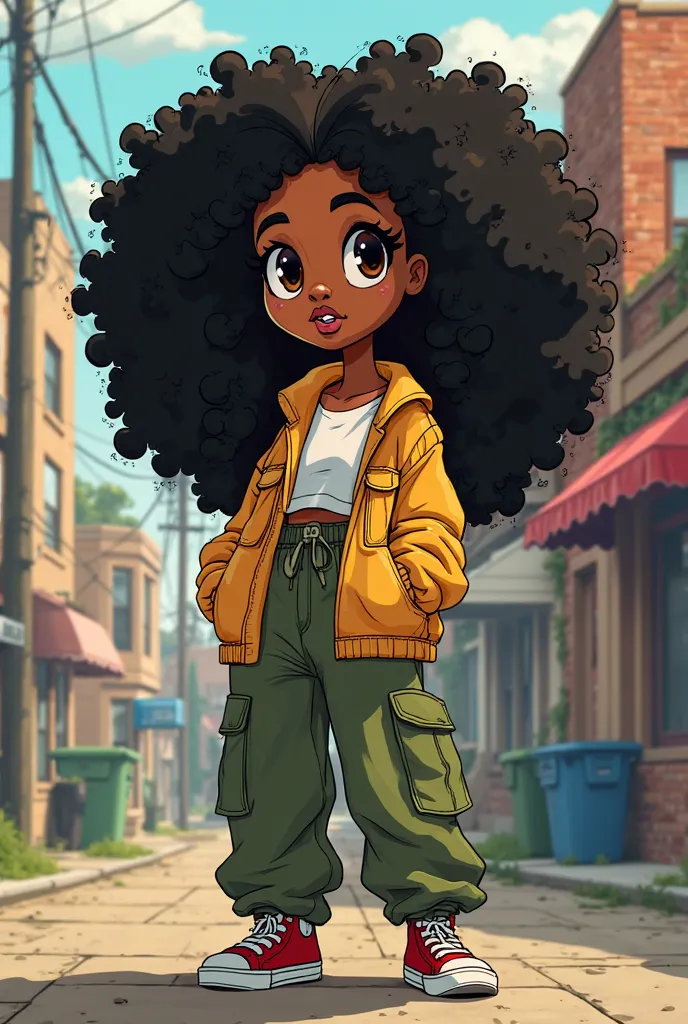 Cartoon Boondocks character with long black Afro dark brown eyes long eyelashes medium sized lips ands shaped nose almond eyes and baggy clothes female