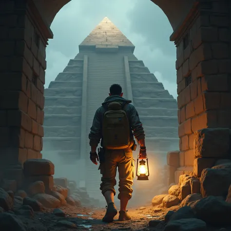 He wears scout clothes, stands at the pyramid, holds a lantern and his face is visible and looks forward 