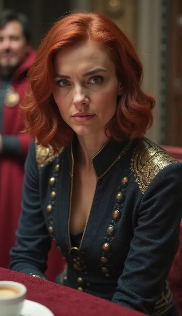 A close-up shot of Black Widow, seated at the rounded dining table.in the room at Avengers tower,Her sharp eyes and slightly raised eyebrow suggest she’s figuring out the trick. The background is blurred, with Doctor Strange subtly smiling

