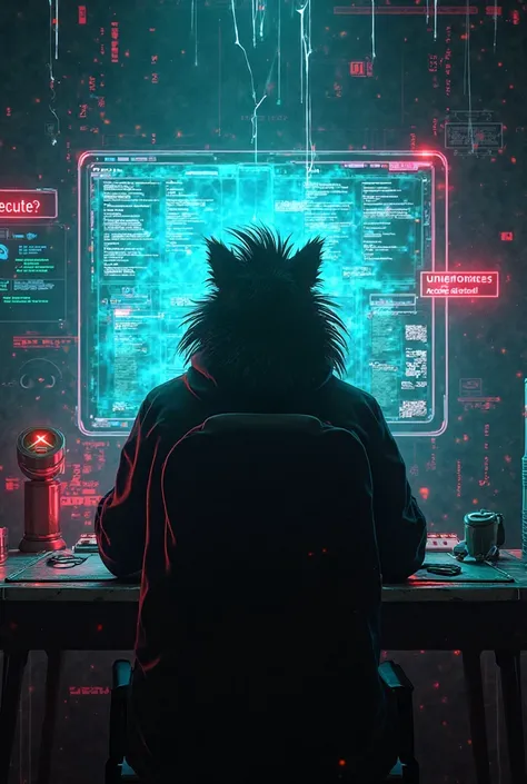 "The holographic screen flickers wildly. The neon glow from the interface illuminates his fur, casting sharp shadows in the dimly lit cyber-lair. On the screen, a terminal window displays scrolling lines of code, with the last command blinking in bold: ‘EX...