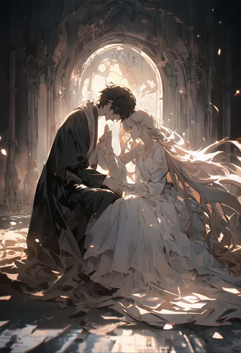 A robed young man sits in the dark, his face partially hidden in shadow, and an elegant young girl holds out her hand to him. A soft, ethereal light surrounds the pair, casting a glow that accentuates the fleeting, dreamlike atmosphere. The scene is both b...