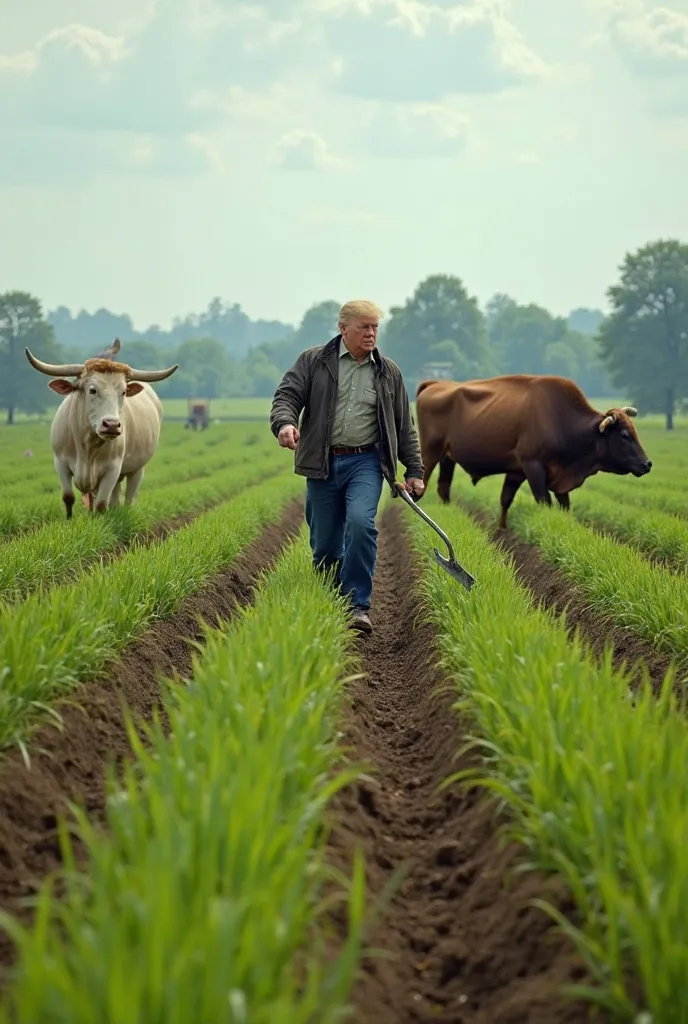 A beautiful view of the green fields of an American countryside, where a farmer named "US President Donald Trump" is plowing his field.  His hands firmly hold the ploughshare, and he is plowing the ground with equal precision.  It is accompanied by two pow...