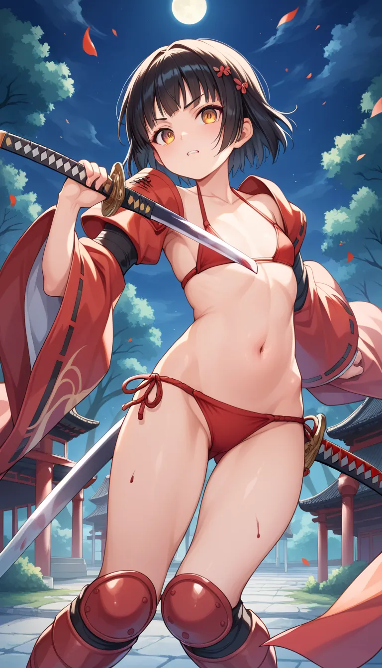 Anime style, 1girl , short black hair hime , japonese girl, ish , loli body,  red samurai armour , bikini holding katana,  japonese temple background,  night , fighter,  battle,  gore 