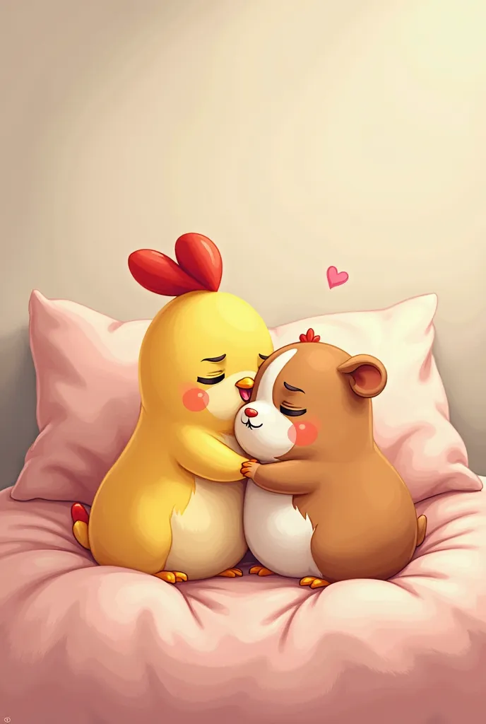 Cartoon image of a chicken and a guinea pig,  covers holding hands ,on a bed,   giving each other a kiss 