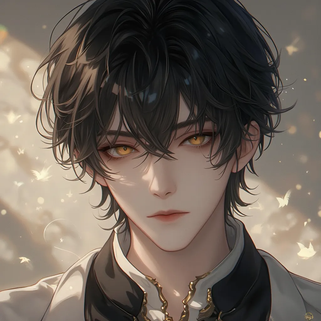 Young man with short black hair and gold eyes clean face