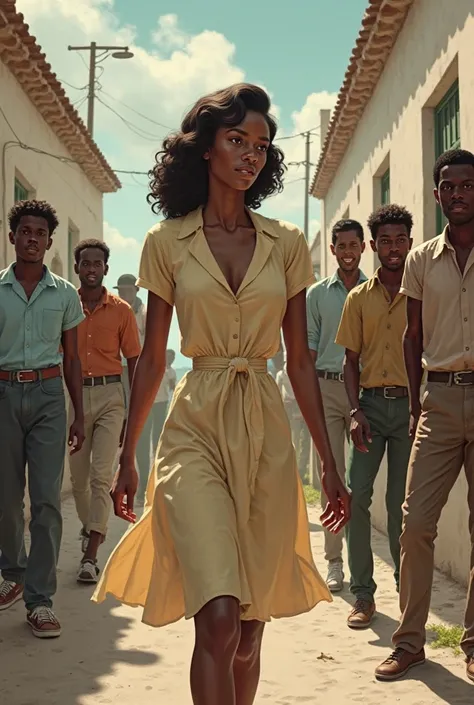  In the 1940s , In Cape Verde , On the island of Santo Antano, A young woman is walking down the street and there are several men watching her in a harassing way