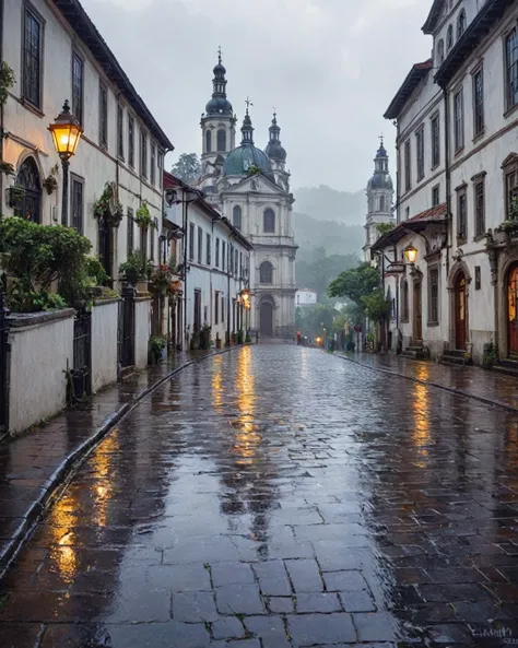 A historic cobblestone street in a colonial town, captured from a low-angle perspective. The street is wet from recent rain, reflecting the warm glow of streetlights. A small bus with illuminated signage moves along the street, adding depth to the scene. O...