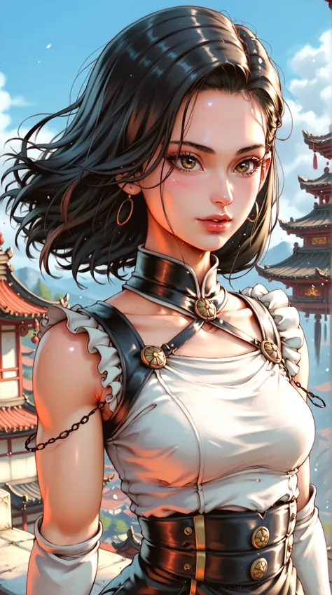 days，Phantom Blademaster（gender）， 4K anime-style quality ，digital painting mode，A mysterious female swordsman，Has long black hair and brown eyes，wears a smooth white and black battle dress，standing on the roof of a moonlit temple HDR，depth of field