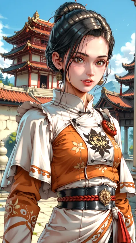 days，Phantom Blademaster（gender）， 4K anime-style quality ，digital painting mode，A mysterious female swordsman，Has long black hair and brown eyes，wears a smooth white and black battle dress，standing on the roof of a moonlit temple HDR，depth of field