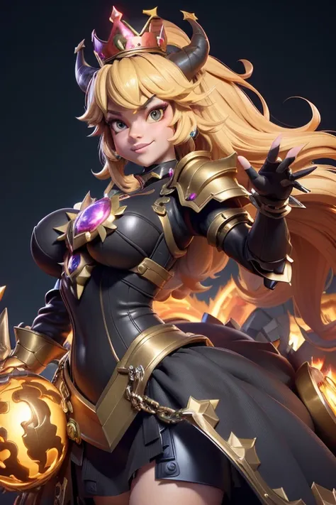 3dmm style,(masterpiece, top quality, best quality, official art, beautiful and aesthetic:1.2), (fractal art:1.3), 1girl, beautiful, high detailed, bowsette, female Bowser, blonde, dark eyes, dark lighting, mischievous face, looking the sky, sky, medium sh...