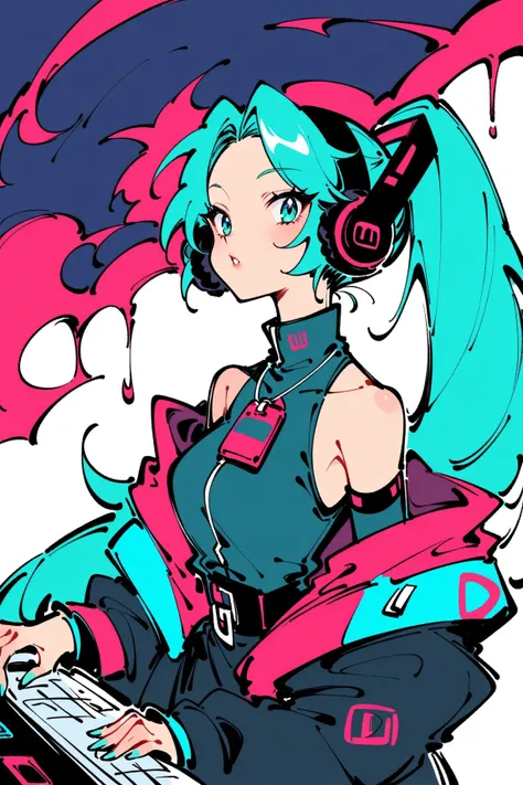 (has the best quality, sketch:1.2),practical,Illustrator ,cunning， Japanese cartoon ,1 girl,  Hatsune Miku ，detailed lips, hand，Off Shoulder， Neon long hair , high ponytail green ， masterpiece,  This style is retro, DJ