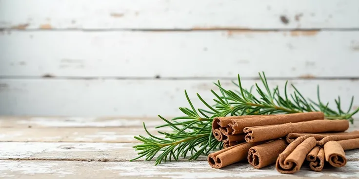 Rustic Table Setting With Rosemary And Cinnamon Sticks On White Wooden Background