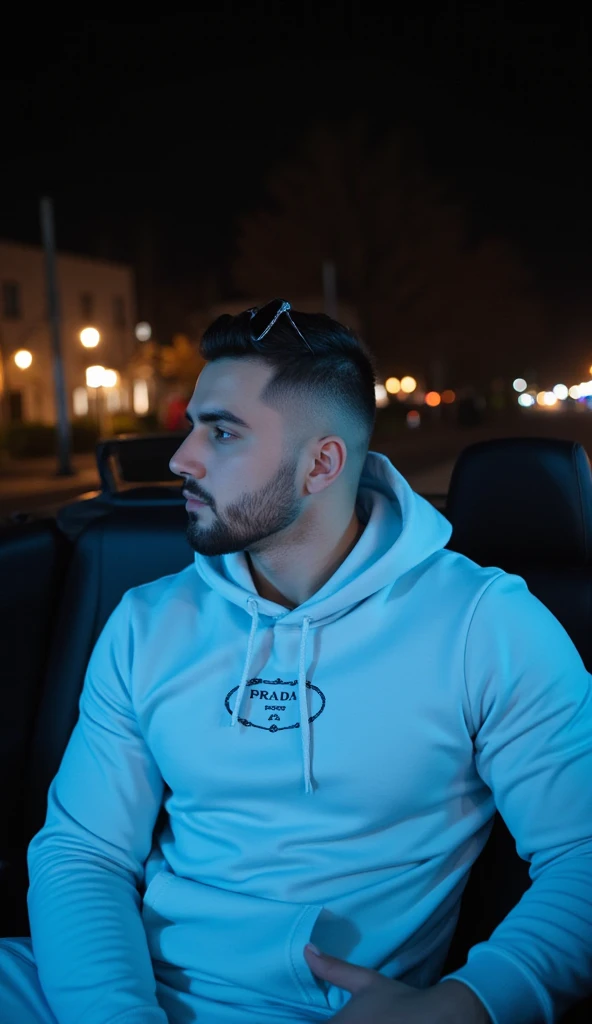 a handsome young turkish guy with muscle, dark very short hair fade middle parting and goatee beard  he wearing a light babyblue hoodie and a joggingpants in light babyblue and a small prada sunglasses is on his head  he is in a cabrio car with black seats...