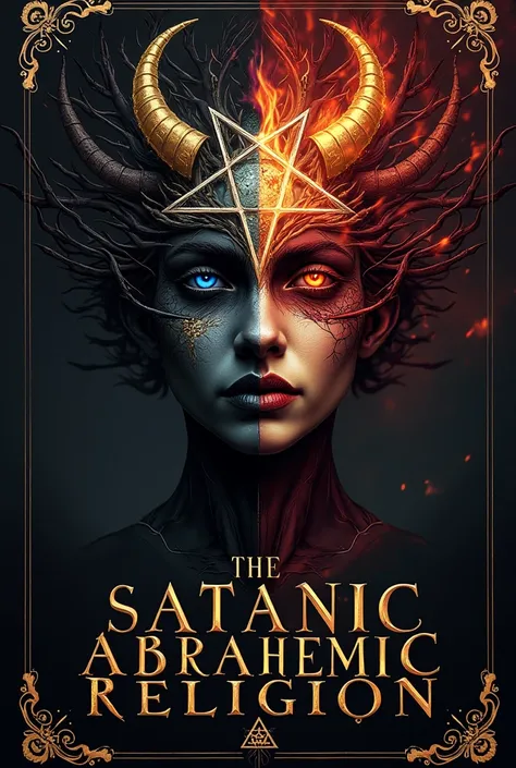 "A dark and mysterious design for a book cover with the theme 'The Satanic Abrahamic Religion'. The image should include dual symbols from Abrahamic religions (such as the Star of David, the Cross, the Crescent Moon) combined with satanic elements (like ho...