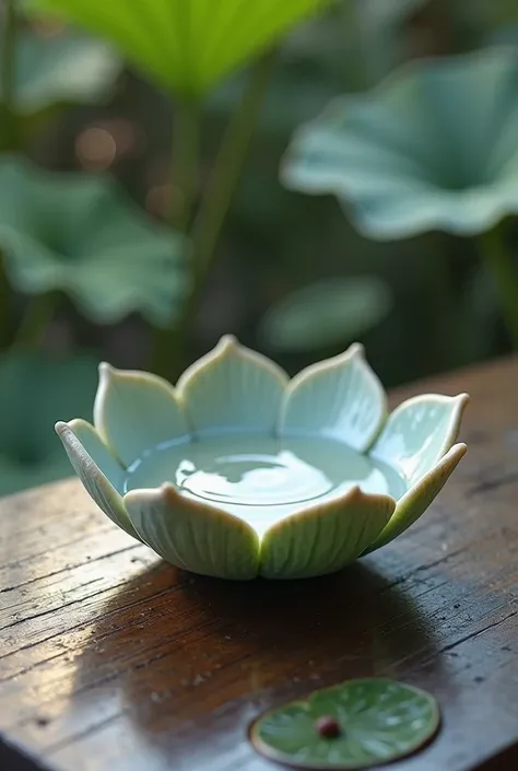 A small bowl that in water lilly flower shape water inside the bowl
