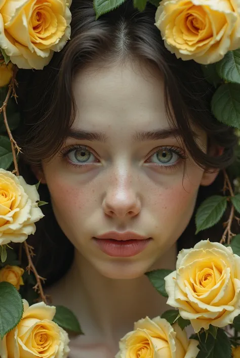 Sad young woman's face with a smile surrounded by yellow roses, leaves and thorns, vintage vibe