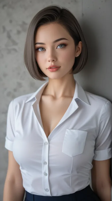 portrait、masterpiece:1.3、one girl、upper body、upper body、Very tight body、skinny、 natural appearance 、so cute、Brown Heine's Eye 、short bang、short bob、 plump lips、 without makeup、 luxury shirt with lace、black shirt、最high quality、Hi-Res、very detailed、high qual...