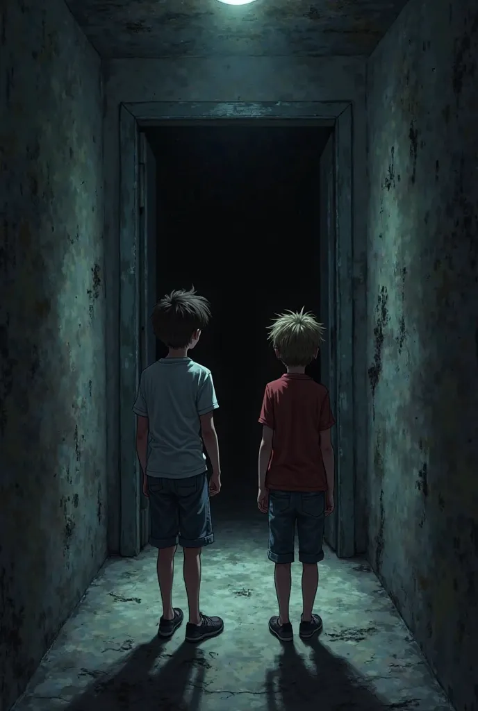 The two friends cautiously approach the basement door, which suddenly creaks open on its own… The screen fades to black two boys 