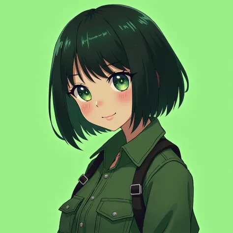 A cool and stylish anime-style girl with a short bob hairstyle, wearing a military-style jacket with utility pockets. She has a warm and gentle smile and striking eyes that resemble the vast cosmos, filled with stars and galaxies. The color theme is green....