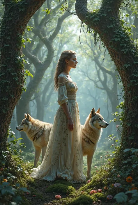 Photorealistic image woman standing in profile, medieval dress surrounded by two wolves. Outline of dense forest trees ivy well outlined flowers 