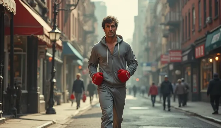 Sylvester Stallone as Rocky doing morning walk on road. On street. 