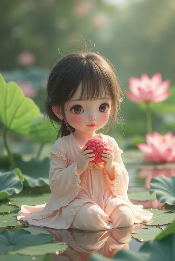  a cute  sitting in a white lotus pond, eating Wagashi food, beautiful detailed eyes, beautiful detailed lips, extremely detailed face, long eyelashes, porcelain skin, serene expression, intricate lotus flowers, still water reflection, natural lighting, vi...