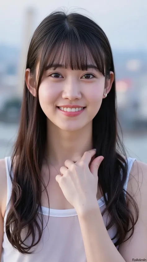 A high resolution photograph of a Japanese young woman, masterpiece, amazing quality, intricate details, extremely detailed, professional lighting, (electronic flash), (sharp focus), solo, 1girl, standing, (straight long black hair with bangs), (slender bo...