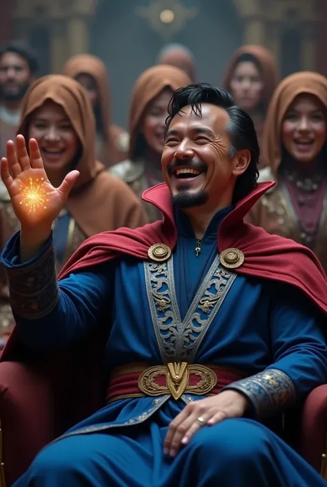 A medium shot of Doctor Strange sitting relaxed, wearing a royal blue thobe with a silver-trimmed cape, laughing as he waves his hand, ending the spell. A faint golden magical aura surrounds his fingers. The Avengers, dressed in their Ramadan-themed outfit...