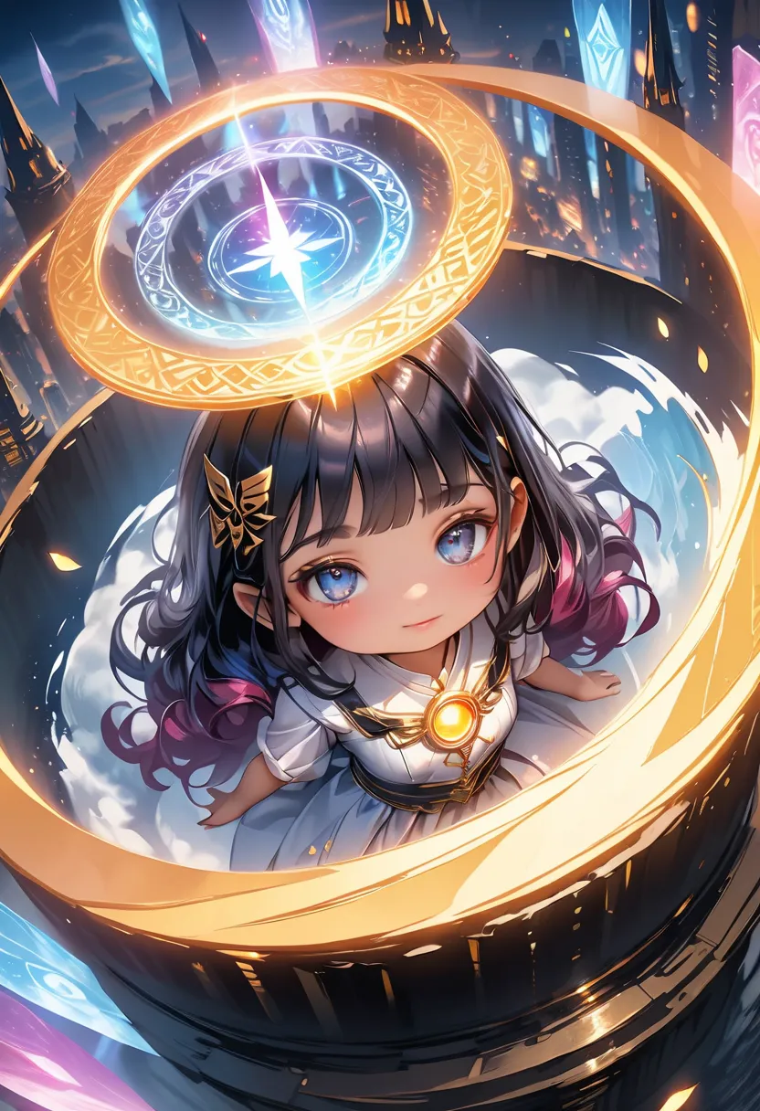 Magical dreamland, , ((((A Glowing Portal )))),1 girl, hair ornament, magic wand ,  Shining Magic Circle, grimoire, cinematic composition looking down at night from the top of the,  colorful lights and petals , converted characters, chibi character style, ...