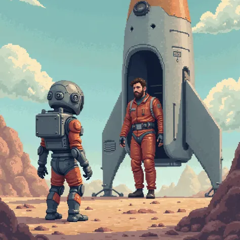 a man walks out of a space rocket with a beard and is greeted by a robot, all in pixel style