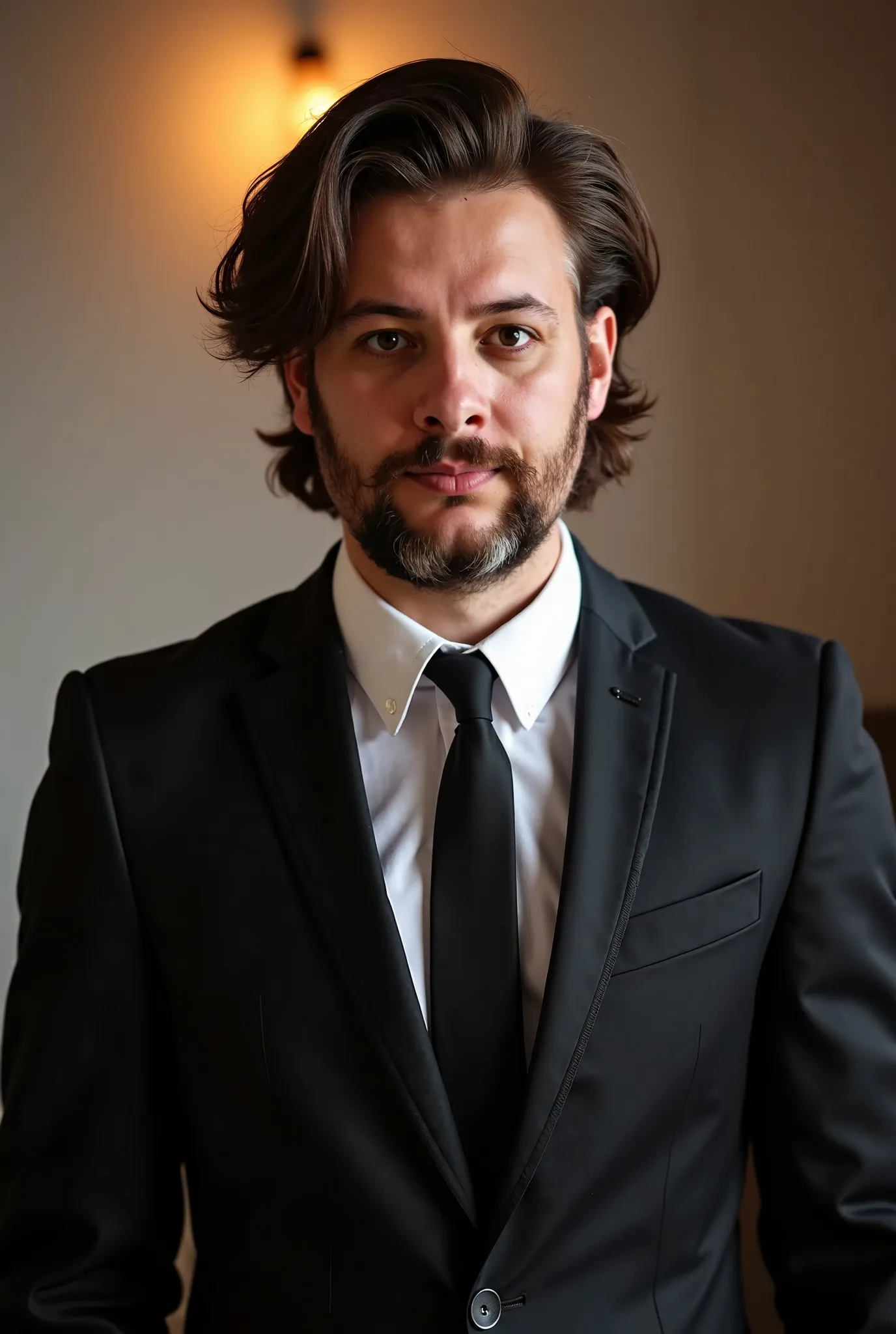   celebrating his birthday wearing a black suit ,  handsome and attractive young man with beard and white skin  ,  brown-eyed and shoulder-length brown hair, celebrating her birthday dressed in a black suit 