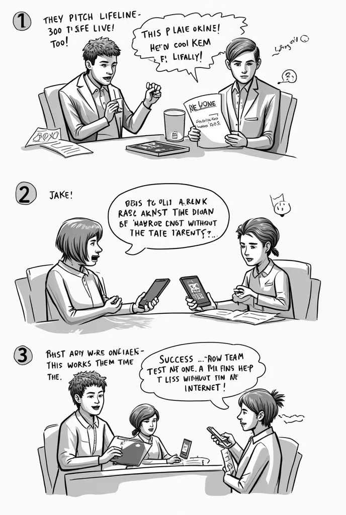 Panel 1: (They pitch Lifeline 360 to disaster response officials.)
•	Official: "This could save lives! But can it work offline too?"
Panel 2: (Jake brainstorming.)
•	Jake: "We could store key data locally so users can access it even without the internet!"
...