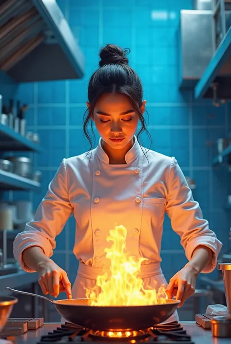 Female chef in kitchen with fire and blue background