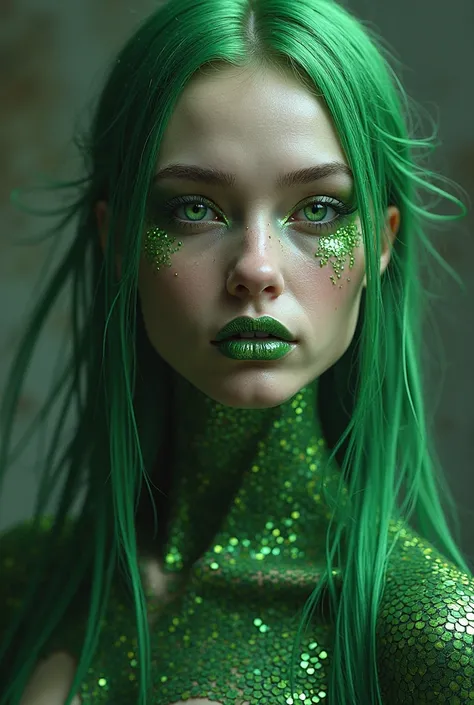 full-length portraitof a Green-eyed, green-haired girl with green scaly skin, green scaly makeup and lips