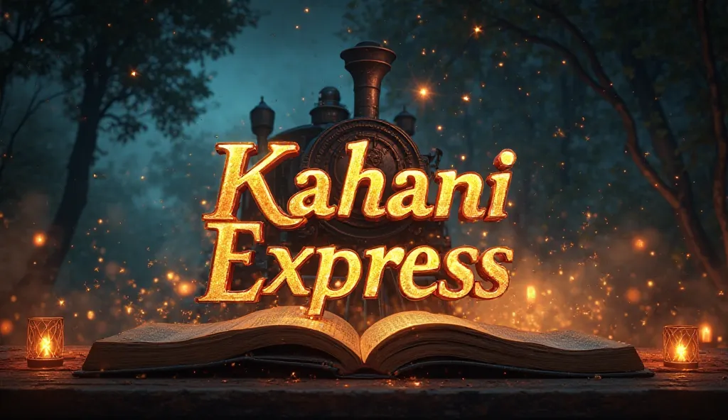 "Create a stunning and cinematic YouTube channel background logo for 'Kahani Express.' The text 'Kahani Express' should be beautifully written in an elegant, artistic font—preferably a mix of modern calligraphy and bold lettering, making it visually appeal...