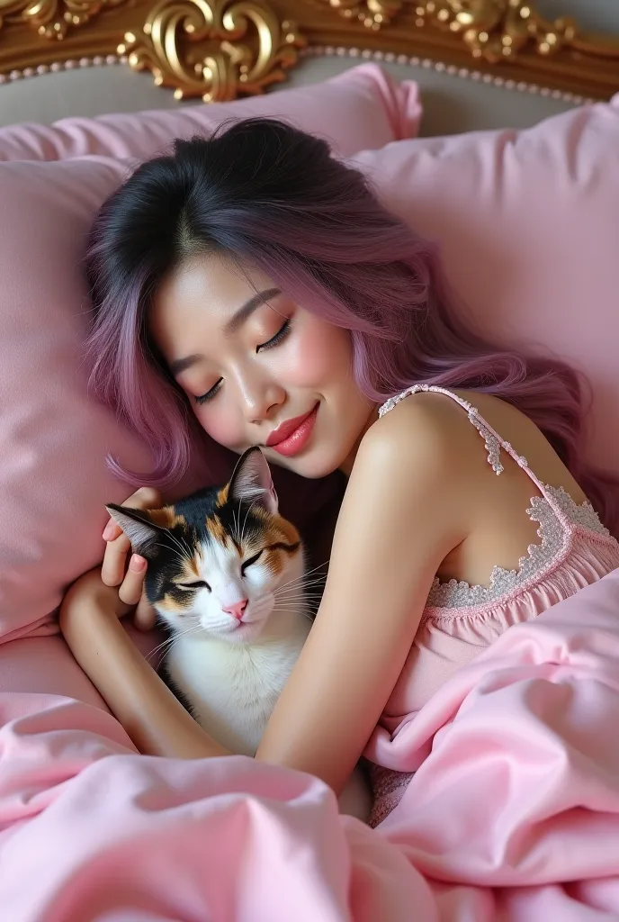 a realistic image of a beautiful asian woman with smile and brown eyes lies peacefully on a luxurious, pink baroque-style bed, surrounded by soft, flowing fabrics and intricate gold detailing. Her hair, a blend of soft lavender and pink, cascades in gentle...