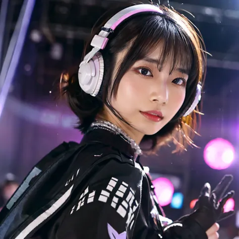 japanese woman,  dj, with headphone, in the club,  kawaii, ((very short cut:1.2)), crowds around, cyber punk, gothic lolita,  ((DJ, dancing, on the stage:1.3))