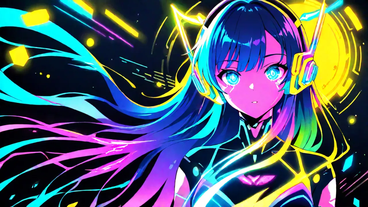 A futuristic robotic DJ with glowing neon circuits, wearing sleek metallic headphones, immersed in a cyberpunk environment. The background features vibrant sound waves and digital music visualizations. The color scheme is a mix of electric blue, neon purpl...